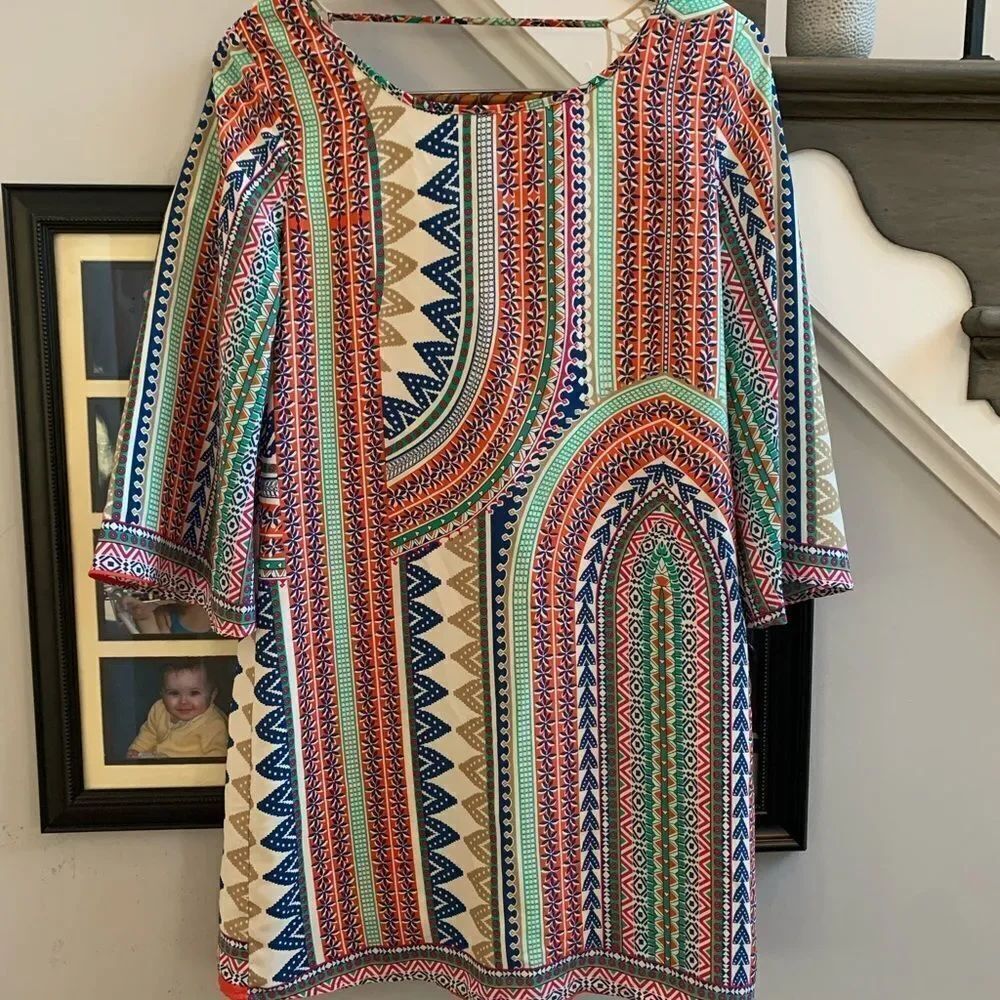 Pink Owl Crochet Back Multi Print Boho Sheath Dress sz M